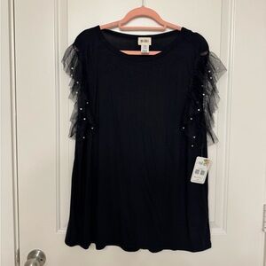BiBi Black Top with ruffle sleeve and pearl detailing